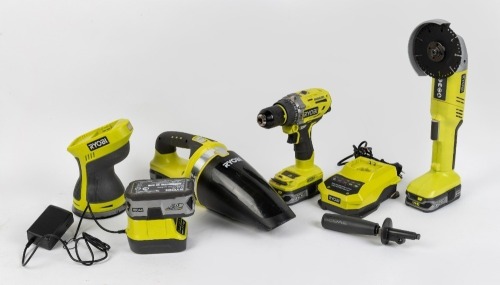 RYOBI: A group of Ryobi cordless tools, includes a drill, a vacuum and a grinder, with some chargers