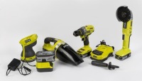 RYOBI: A group of Ryobi cordless tools, includes a drill, a vacuum and a grinder, with some chargers
