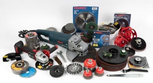 390 · GRINDERS: A large Bosch angle grinder (model GWS 25-230), tested and one smaller Workzone cordless grinder, lot also includes an extensive amount of mostly unused discs & wire brushes