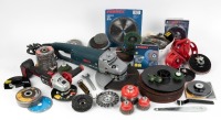 GRINDERS: A large Bosch angle grinder (model GWS 25-230), tested and one smaller Workzone cordless grinder, lot also includes an extensive amount of mostly unused discs & wire brushes