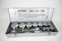 LARGE SOCKET SET: A Tengtools 15 piece very large socket set with one inch drive in fitted metal box, looks complete