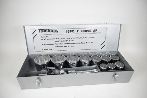 LARGE SOCKET SET: A Tengtools 15 piece very large socket set with one inch drive in fitted metal box, looks complete