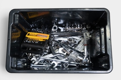 SPANNERS: A tub of assorted spanners of differing types & sizes