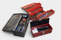 TOOL BOXES: Three vintage tool boxes each containing tools of differing sizes