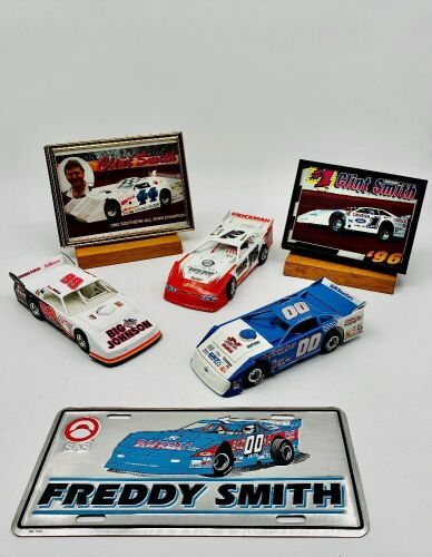 373 · DIRT LATE MODEL: Three 1:24 scale models from the Dirt Late Model series by Action Collectables and ADC together with two framed Clint Smith photos and a novelty licence plate [Location: Sydney]