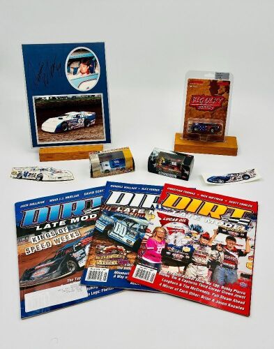 385 · DIRT LATE MODEL: A group of dirt late model items including three 1:64 scale models by Action Collectables and ADC, a photo on card signed by Donnie Moran, three issues of 'Dirt Late Model Magazine' and two stickers [Location: Sydney]