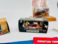 DIRT LATE MODEL: A group of dirt late model items including three 1:64 scale models by Action Collectables and ADC, a photo on card signed by Donnie Moran, three issues of 'Dirt Late Model Magazine' and two stickers [Location: Sydney] - 2
