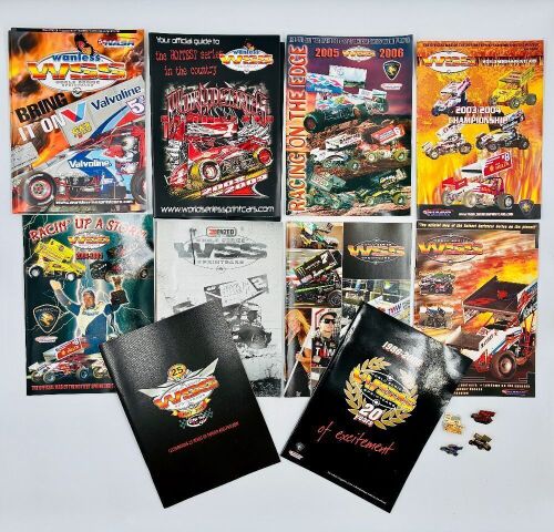 WORLD SERIES SPRINTCARS: Ten WSS event programs with four sprint car badges [Location: Sydney]