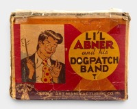 L'IL ABNER DOGPATCH BAND: A circa 1945 Unique Art Manufacturing Co (USA) clockwork tinplate 'L'il Abner & his Dogpatch Band' set in original box, features four moving figures attached to piano, 16.5cm wide, 14cm high - 5