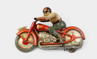 TECHNOFIX: A post-war (made in US Zone Germany) Technofix tinplate clockwork motorcycle with rider, 18cm long