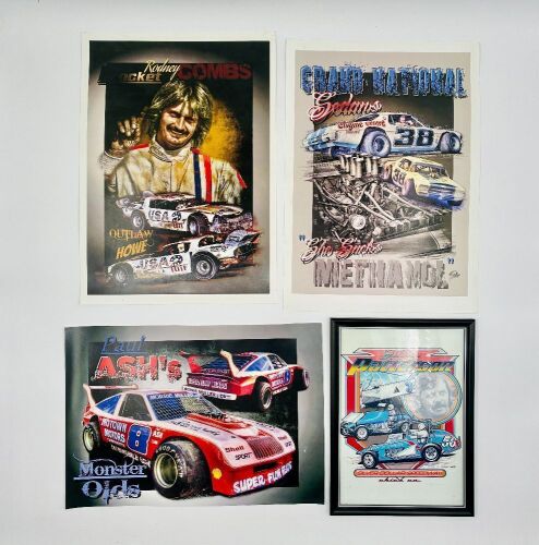 SPEEDWAY: Three unframed and one framed print featuring Paul Ash, Rodney 'Rocket' Combs, Gary Patterson and Grand National Sedans [Location: Sydney]