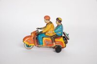 SCOOTER: A c1956 Technofix (West Germany) model No.282 tin toy clockwork scooter with rider & passenger, 16cm long