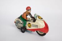 MOTORCYCLE: A c1950s-1960s Nomura (Japan) tinplate friction racing motorcycle with rider, 20cm long - 3