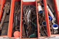 TOOL BOXES: Three vintage tool boxes each containing tools of differing sizes - 7