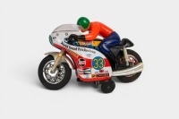 TOKYO PLAYTHING SHOKAI: A large c1960s -1970s Tokyo Plaything Shokai (Japan) tinplate battery Honda World Grand-Prix Roadrace racing motorcycle, 26cm long - 2
