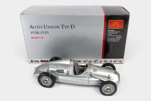 AUTO-UNION: A highly detailed CMC 1:18 scale 1938-1939 Auto-Union Type D (M-027) in silver paintwork in original box