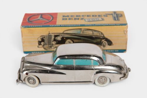 PRAMETA: A c1950s Prameta (British Zone Germany) clockwork diecast Mercedes-Benz 300, chrome plated, 14cm long
