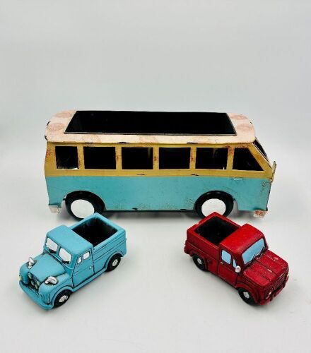 PLANTER: Three automotive themed decorative planters [Location: Sydney]