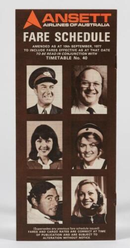 ANSETT: A Ansett Airlines Fare Schedule brochure detailing travel routes, circa Sep 1977