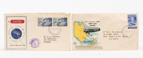 FIRST DAY COVER: Two First Day covers, one celebrating the first Australian round the world air service, QANTAS Empire Airways, one commemorating the 30th Anniversary of the First Tasman air crossing by Sir Charles Kingsford Smith