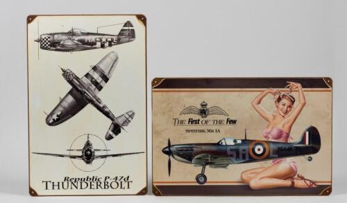 TIN SIGNS: Two reproduction tin signs, one in colour of the RAF Spitfire MK1A " the first of the few', the second in black and white of the USAAF Republic P-47d Thunderbolt. (both: 29cm long x 45cm high)
