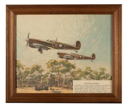 ILLUSTRIOUS DEFENDERS: An Illustrious defenders framed print of two RAAF Spitfire Vc's, flown by Wing Commander C.R Caldwell and Squadron leader K.E James, in defence of Darwin, June 1943 (28.5cm long x 23.5cm high)