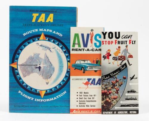 TAA: One colour folder Trans-Australia Airlines route map together with a brochure from the department of agriculture, Victoria and folder Avis 'Rent a car' brochure, featuring 1961 Ford Falcon