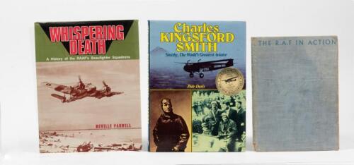 BOOKS: Three books on aviation including; 'The R.A.F in Action', 'Charles Kingsford Smith' and 'Whispering Death, a history of the RAAF's Beaufighter Squadrons', each book personally inscribed in cover and child's scribble to rear cover of R.A.F book