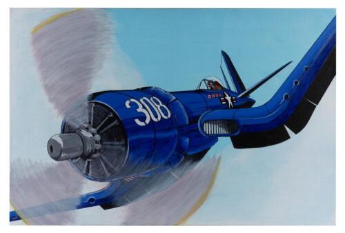POP ART: A original acrylic on canvas painting in the Roy Lichtenstein style of an American Vought F4U Corsair in action, 61cm high x 92cm wide.