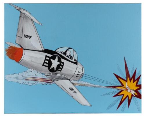 POP ART: An original acrylic on canvas painting in the Roy Lichtenstein &lsquo;Pop Art&rsquo; style of fighter planes in combat, 60cm high x 74cm wide.