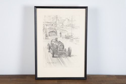 545 · BUGATTI: An original pencil sketch by Michael Turner depicting William Grover-Williams driving Bugatti Type 35B at the 1929 Monaco Grand Prix, 43cm high, 31cm wide