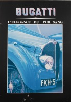 BUGATTI: A large Bugatti poster 'Bugatti - L'Elegance de Pur Sang' featuring a T57SC, 86cm high, 62cm wide
