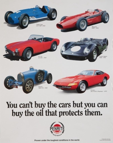 PENRITE: A Penrite Performance Oils poster featuring six cars, two owned by Peter Gibbings, 47cm high, 37cm wide