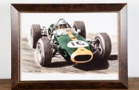 BRABHAM/TAURANAC: A print featuring Jack Brabham in 1966 Championship winning Brabham BT19, signed in pencil by constructor Ron Tauranac, image 30cm high, 42cm wide