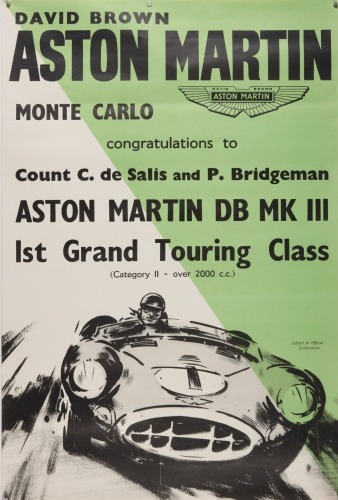 ASTON MARTIN: A poster celebrating the Aston Martin DB MK III first place (1st grand touring class) at 1959 Monte Carlo Rallye, 75cm high, 50cm wide
