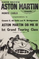 ASTON MARTIN: A poster celebrating the Aston Martin DB MK III first place (1st grand touring class) at 1959 Monte Carlo Rallye, 75cm high, 50cm wide