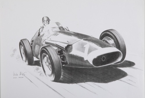 MASERATI: A monochrome print after the original by artist Mike Harbar, featuring a Maserati 250F, 30cm high, 42cm wide