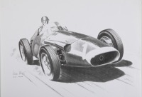 MASERATI: A monochrome print after the original by artist Mike Harbar, featuring a Maserati 250F, 30cm high, 42cm wide