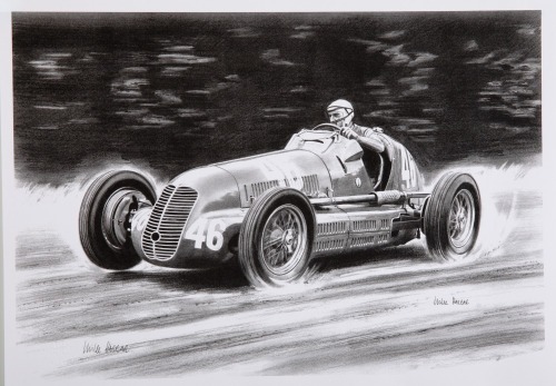 MASERATI: A monochrome print after the original by artist Mike Harbar, featuring a Maserati 4CL, 30cm high, 42cm wide