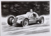 MASERATI: A monochrome print after the original by artist Mike Harbar, featuring a Maserati 4CL, 30cm high, 42cm wide