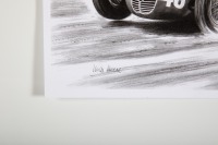 MASERATI: A monochrome print after the original by artist Mike Harbar, featuring a Maserati 4CL, 30cm high, 42cm wide - 2