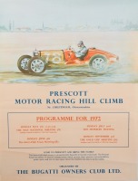 POSTER: An original poster promoting the 1972 Bugatti Owners Club Prescott Motor Racing Hill Climb event featuring illustration of Bugatti, 58cm high, 44cm wide