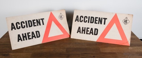 RACV: Two cardboard RACV 'Accident Ahead' signs, 23cm high, 46cm wide