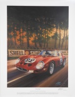 FERRARI 250: A limited edition print (30/500) by artist Michael Mate 'GTO at Le Mans' featuring the Dernier / Blaton 1962 Ferrari 250 GTO racing at Le Mans, 74cm high, 56cm wide