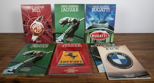 840 · GREAT MARQUES: Seven books from the 'Great Marques' series, includes books each for BMW, Rolls-Royce, Bugatti, Jaguar (two), MG, and Ferrari