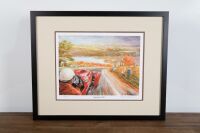 ALLARD: A limited edition (20/100) print by artist Robert Gillespie 'Big Bend 1950' featuring Allard J2 at Watkins Glen 1950, signed by the artist, print 28cm high, 36cm wide