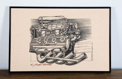 CHRYSLER: A print featuring a drawing of the Chrysler 392 Hemi engine by Scott Teeters, signed by the artist, 28cm high, 44cm wide overall