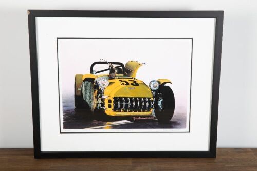 KURTIS: A print featuring the 1953 Kurtis 500S by Roger Blanchard, limited edition (6/30), signed by the artist, 27cm high, 37cm wide