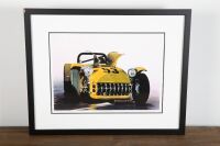 KURTIS: A print featuring the 1953 Kurtis 500S by Roger Blanchard, limited edition (6/30), signed by the artist, 27cm high, 37cm wide