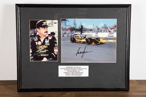 BOBBY RAHAL: A Bobby Rahal signed photograph display piece, 40cm high, 51cm wide